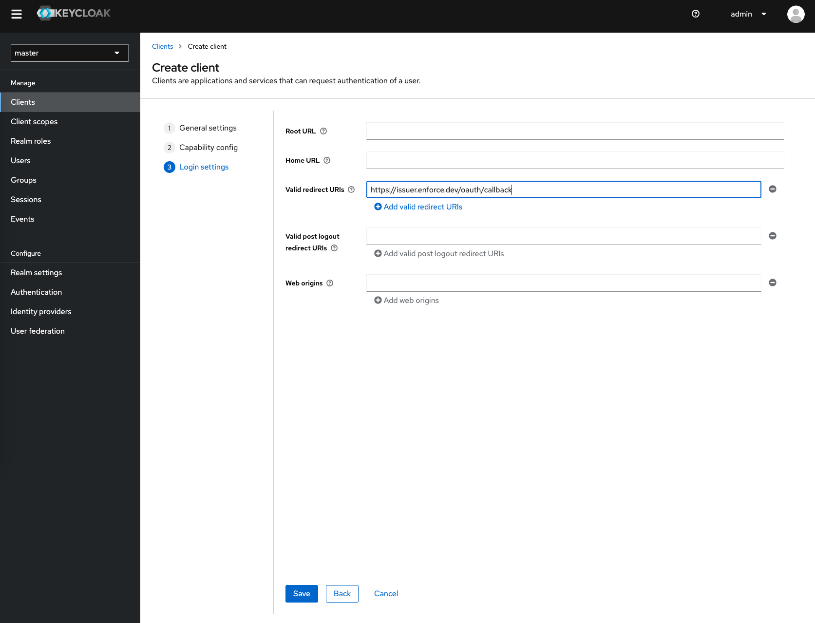 Screenshot of Keycloak's Create Client menu 3, with valid Redirect URI added.